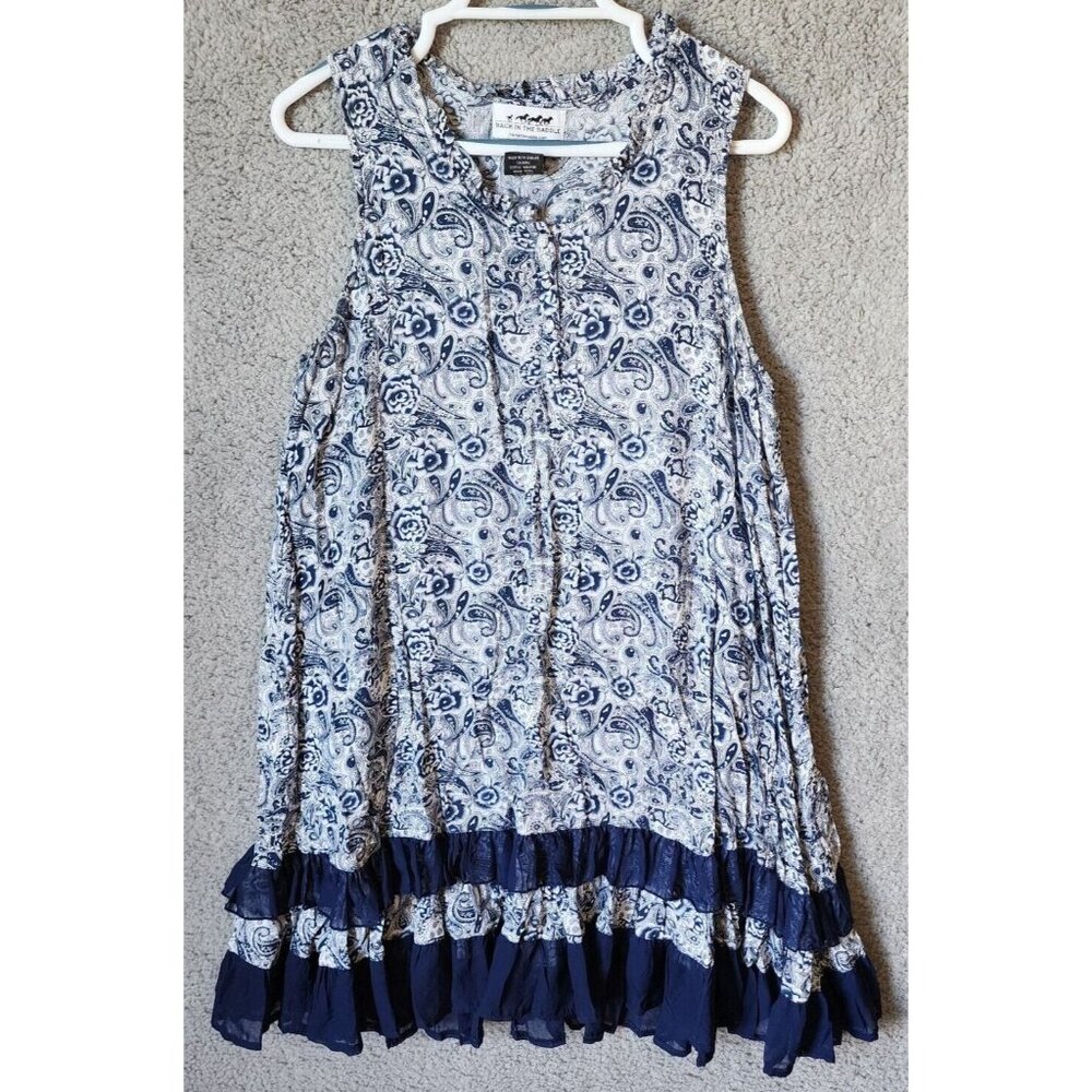 Back In The Saddle Womens Sleeveless Ruffle Neck Ruffle Hem Dress Blue Paisley L